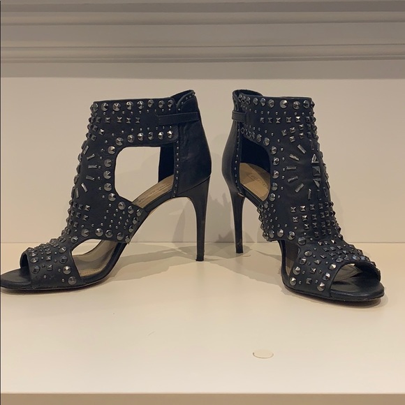 BCBG studded black leather peep toe booties